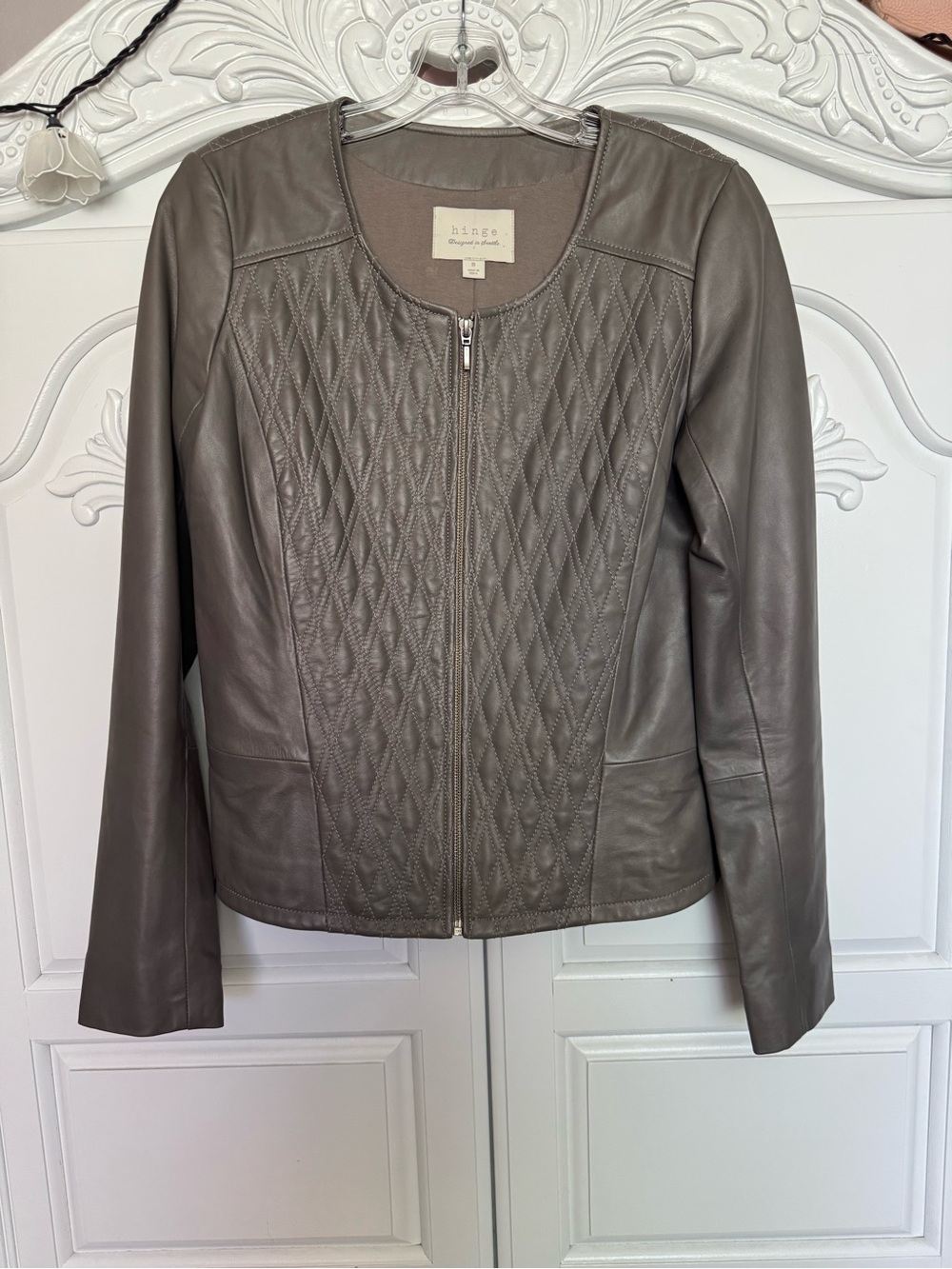 hinge Quilted Front Leather Jacket in Grey-Brown